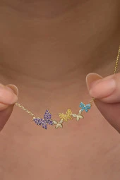 925 Ayar Gümüş Gold Kaplama Sıralı Uçuşan Kelebekler Kolye thumbnail 2