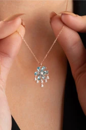 925 Ayar Gümüş Sallantılı  Model Aquamarin Taşlı Çiçek Kolye thumbnail 1