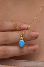 925 Ayar Gümüş Gold Kaplama Oval Mavi Opal Taşlı  Kolye - 2