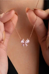 925 Ayar Gümüş Pembe Zirkon Taşlı Yusufcuk Kolye thumbnail 1