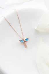 925 Ayar Gümüş Turkuaz Mineli Kanatlı Peri Kolye thumbnail 2