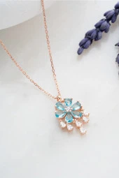 925 Ayar Gümüş Sallantılı  Model Aquamarin Taşlı Çiçek Kolye thumbnail 2