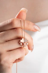 925 Ayar Gümüş Rose Mıknatıslı Ayrılabilir 4 Kalpli Yonca Kolye thumbnail 1