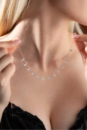 925 Ayar Gümüş Rose Sıralı Damla Aquamarin Taşlı Kolye thumbnail 1