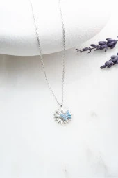 925 Ayar Gümüş Rodyumlu Mavi Taşlı Kelebek Detaylı Çiçek  Kolye thumbnail 2