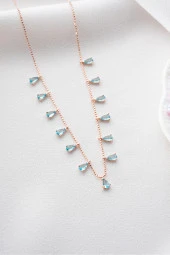 925 Ayar Gümüş Rose Sıralı Damla Aquamarin Taşlı Kolye thumbnail 2