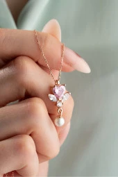 925 Ayar Gümüş Pembe Taşlı İnci Detay Kalp Kolye - 1