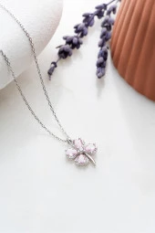 925 Ayar Gümüş Rodyumlu Pembe Taşlı Dört Yapraklı Şans Yonca Kolye thumbnail 2