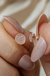 925 Ayar Gümüş Rose Kaplama Minimal Yuvarlak Küpe - 1