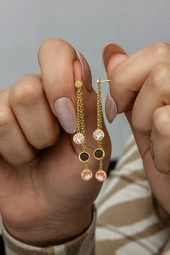 925 Ayar Gümüş Gold Kaplama Sallantılı 3'Lü Zirkon Mix Taşlı Küpe thumbnail 1