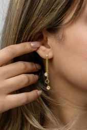 925 Ayar Gümüş Gold Kaplama Sallantılı 3'Lü Zirkon Mix Taşlı Küpe thumbnail 2