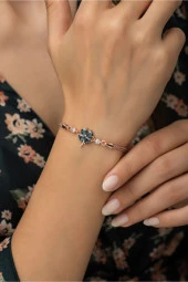 925 Ayar Gümüş Mistik Topaz Taşlı Yonca Kadın Gümüş Bileklik - 1