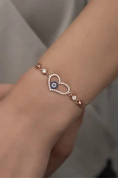 925 Ayar Gümüş Rose Zirkon Taşlı Nazar Kalp Bileklik thumbnail 1