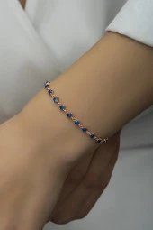 925 Ayar Gümüş Rose Sıralı 3 mm Mavi Taşlı Bileklik - 1