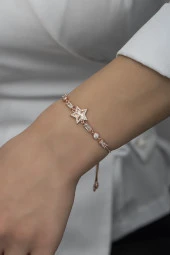 925 Ayar Gümüş Asansörlü Baget Taşlı Rose Yıldız Bileklik thumbnail 2