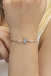 925 Ayar Aquamarin Taşlı Lotus Çiçeği Gümüş Bileklik - 1