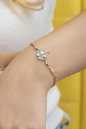 925 Ayar Gümüş Rose Aquamarin Taşlı Yonca Bileklik - 1