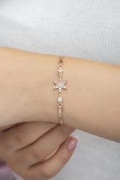 925 Ayar Beyaz Taşlı Lotus Çiçeği Gümüş Bileklik - 2