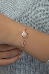 925 Ayar Gümüş Kelepçe Model Zirkon Taşlı Güneş Model Bileklik thumbnail 1