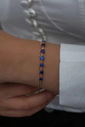 925 Ayar Gümüş Rose Kaplama Mavi Zirkon Taşlı Çift Sıra İtalyan Zincirli Bileklik - 1