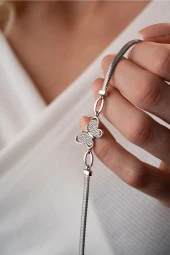 925 Ayar Gümüş Balık Sırtı Model Zincirli Kelebek Bileklik thumbnail 2