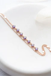 925 Ayar Gümüş Rose Kaplama Mor Zirkon Taşlı Çift Sıra İtalyan Zincirli Bileklik thumbnail 2