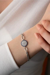 925 Ayar Gümüş Balık Sırtı Model Zincirli Nazar Bileklik thumbnail 2