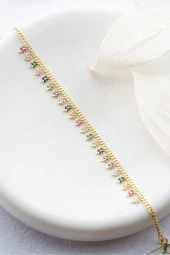 925 Ayar Gümüş Gold Renkli Yonca İnce Gurmet Zincir Bileklik thumbnail 1