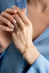 925 Ayar Gümüş Gold Kaplama Küp Zincirli Model Şahmeran Bileklik thumbnail 1