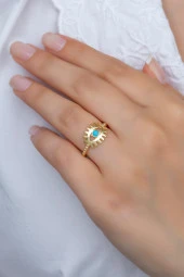 925 Ayar Ayarlanabilir Gold Opal Taşlı Göz Gümüş Yüzük - 1