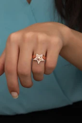925 Ayar Ayarlanabilir Rose Zirkon Taşlı Yıldız Gümüş Yüzük - 1