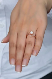 925 Ayar Ayarlanabilir Tektaş Beyaz Opal Taşlı Gümüş Yüzük - 1