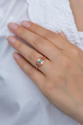 925 Ayar Ayarlanabilir Rose Opal Taşlı Göz Gümüş Yüzük - 2