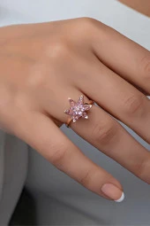 925 Ayar Gümüş Ayarlanabilir Pembe Taşlı Lotus Çiçeği Yüzük - 1
