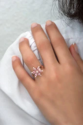 925 Ayar Gümüş Ayarlanabilir Pembe Taşlı Çiçek Yüzük - 1