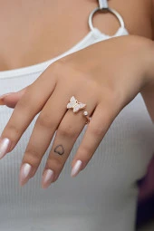 925 Ayar Gümüş Ayarlanabilir Rose Kelebek Yüzük - 1