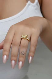 925 Ayar Gümüş Ayarlanabilir Gold Kelebek Yüzük - 1