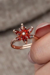 925 Ayar Gümüş Ayarlanabilir Rose Kaplama Kırmızı Lotus Çiçeği Yüzük - 2