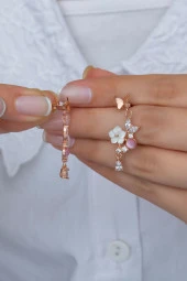 925 Ayar Gümüş Pembe Taşlı Kelebek Manolya Çiçeği Küpe thumbnail 1