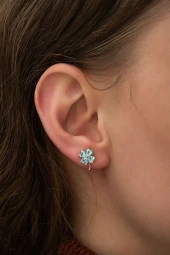 925 Ayar Aquamarin Taşlı Yonca Küpe Kadın Gümüş Küpe thumbnail 2