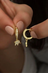 925 Ayar Gümüş Sallantılı Gold Fil Küpe - 1