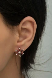 925 Ayar Gümüş Kırmızı Taşlı Çiçek Küpe thumbnail 2