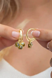 925 Ayar Gümüş Gold 3 Taşlı Yeşil Taşlı Halka Küpe thumbnail 1