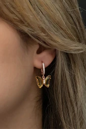 925 Ayar Gümüş Sarı Taşlı Sallantılı Kelebek Küpe thumbnail 2