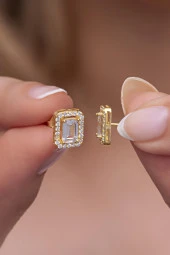 925 Ayar Gümüş Gold Baget Tektaş Model Küpe - 1