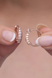 925 Ayar Gümüş Rose 15 Mm Zirkon Taşlı Halka Küpe - 1