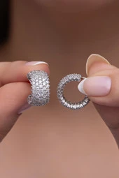 925 Ayar Gümüş Rodyum 5 Sıra Beyaz Taşlı Yarım Tur Küpe thumbnail 1