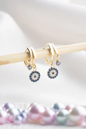 925 Ayar Gümüş Gold Mistik Topaz Taşlı 12 mm Nazar Küpe thumbnail 1