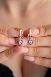 925 Ayar Gümüş Rose Mistik Topaz Taşlı 12 mm Nazar Küpe - 1