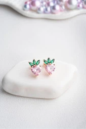 925 Ayar Gümüş Rose Kaplama Pembe Taşlı Çilek Küpe thumbnail 2